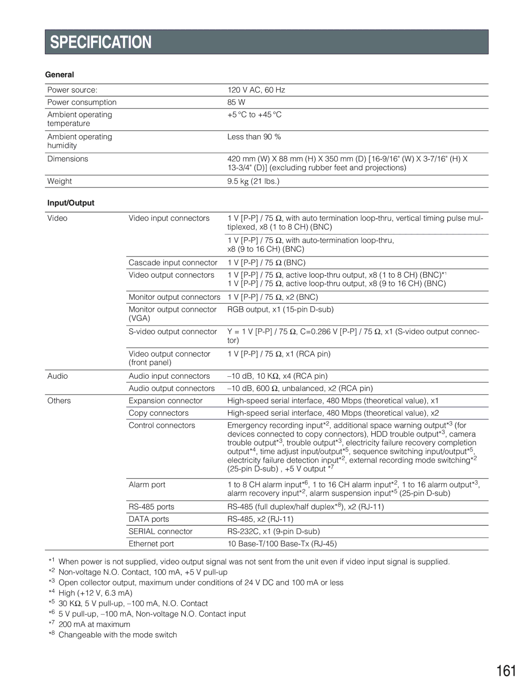 Panasonic WJ-HD309 manual Specification, 161, General, Input/Output, Vga 