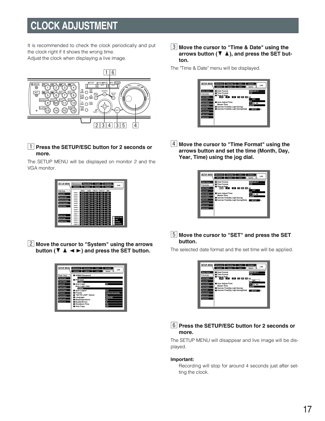 Panasonic WJ-HD309 Clock Adjustment, Press the SETUP/ESC button for 2 seconds or more, Time & Date menu will be displayed 