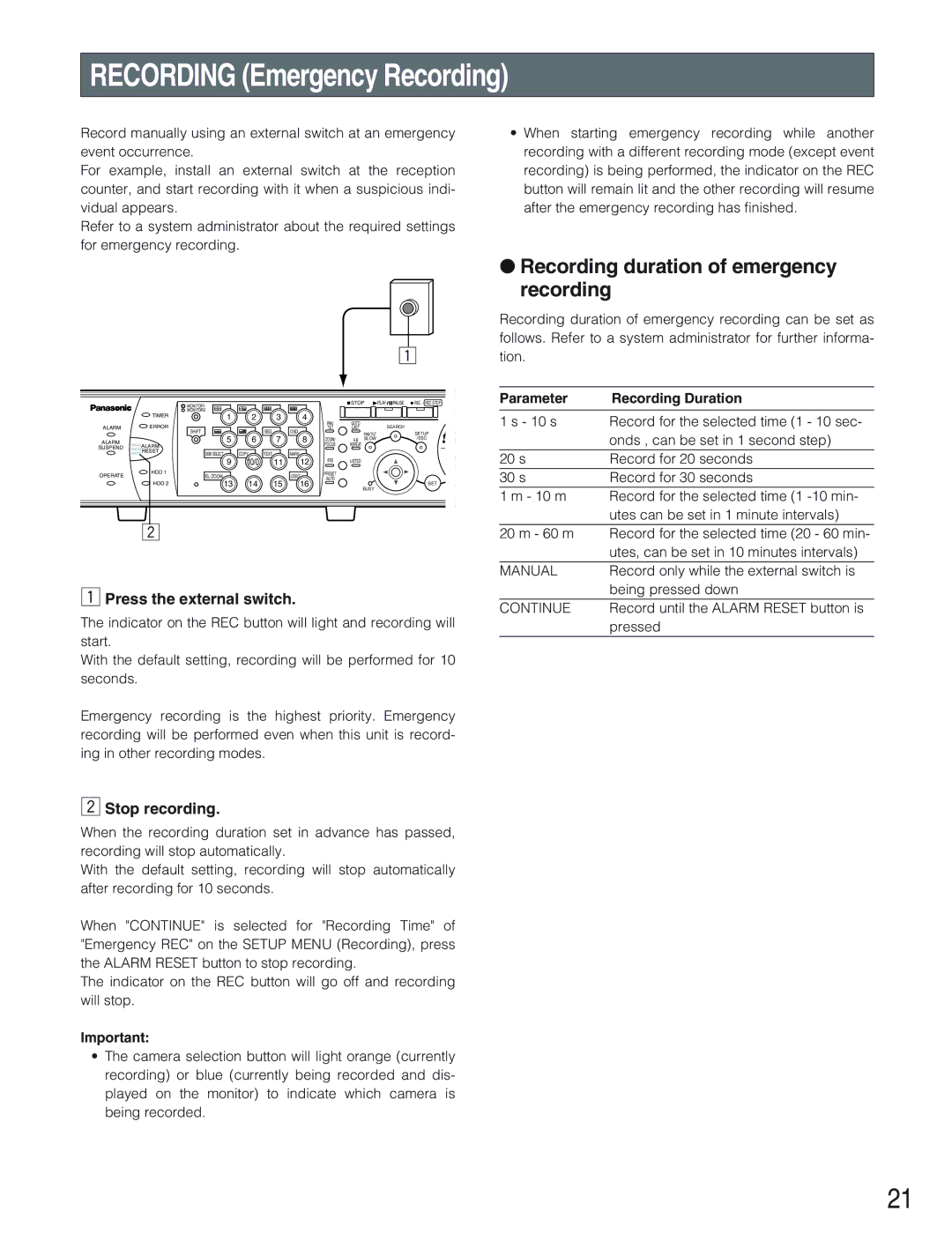 Panasonic WJ-HD309 Recording duration of emergency recording, Press the external switch, Parameter Recording Duration 