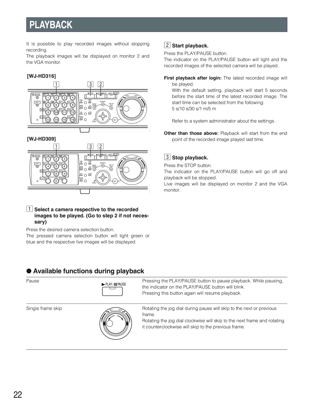 Panasonic WJ-HD309 manual Playback, Available functions during playback, Start playback, Stop playback 