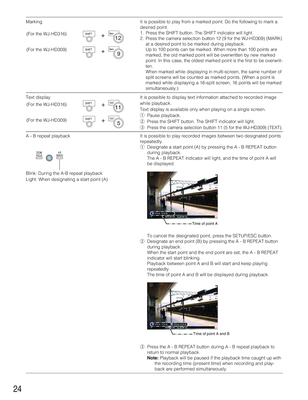 Panasonic manual Marking For the WJ-HD316 For the WJ-HD309, Repeatedly, During playback, Be displayed 