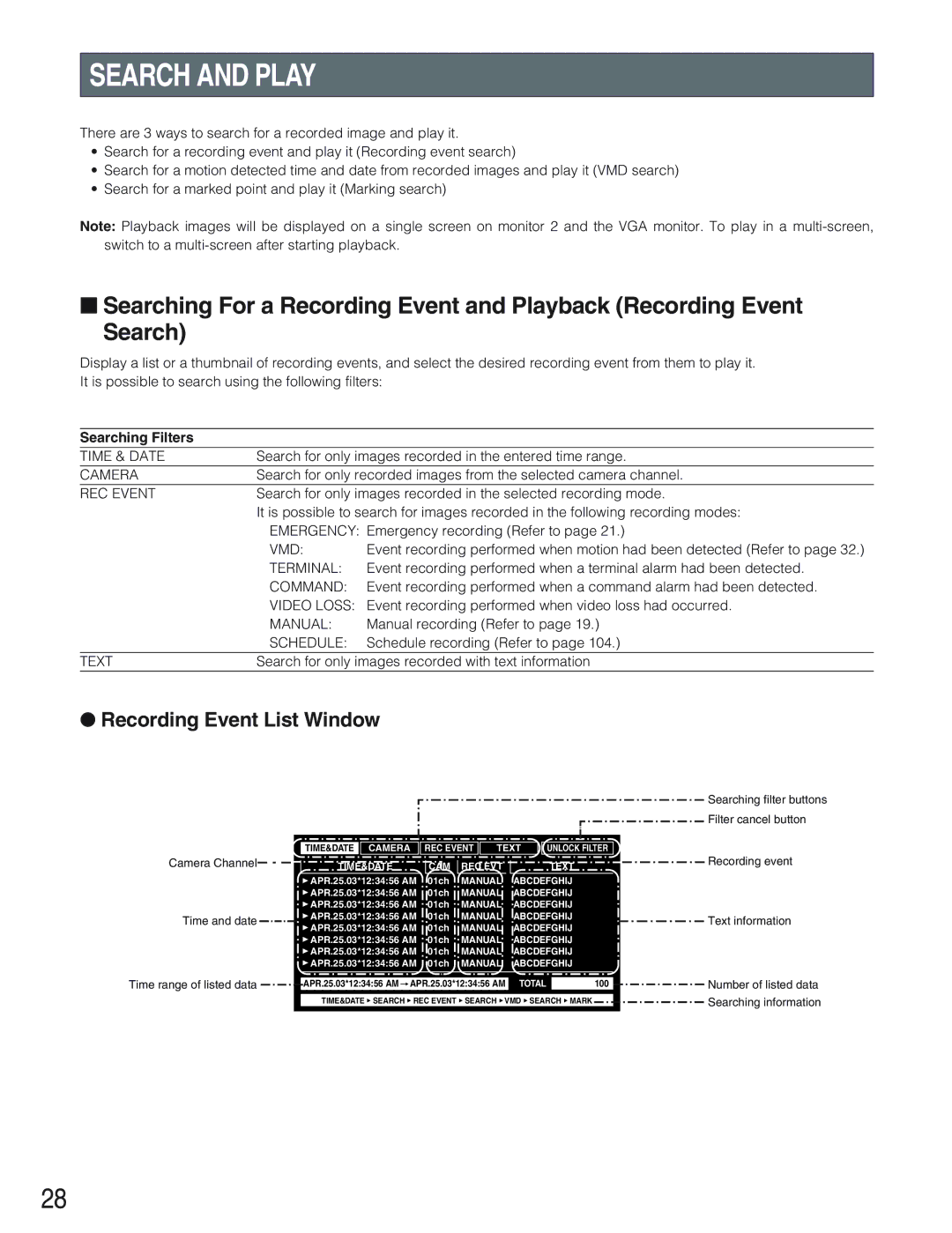 Panasonic WJ-HD309 manual Search and Play, Recording Event List Window, Searching Filters 