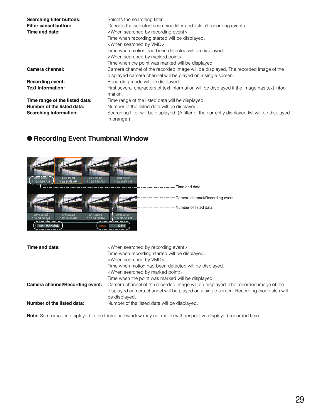 Panasonic WJ-HD309 manual Recording Event Thumbnail Window 