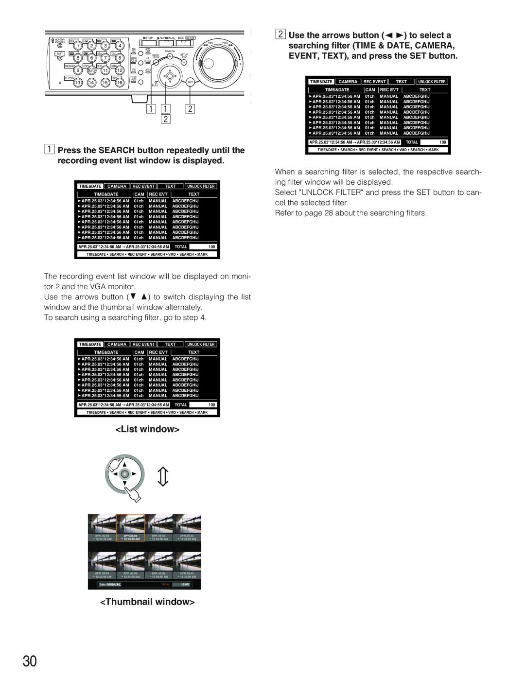 Panasonic WJ-HD309 manual List window, Thumbnail window 