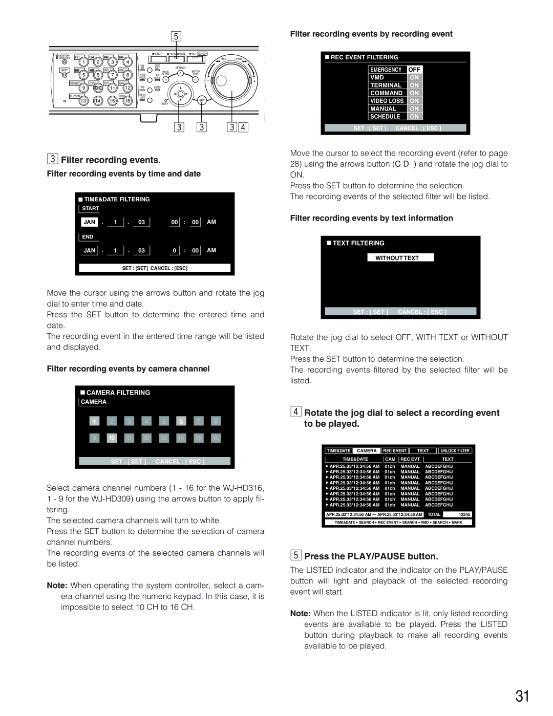 Panasonic WJ-HD309 manual Filter recording events by time and date, Filter recording events by camera channel 