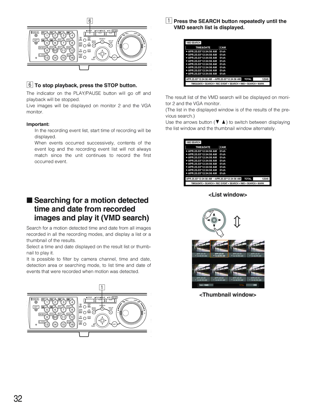 Panasonic WJ-HD309 manual List window Thumbnail window, VMD Search TIME&DATE CAM 