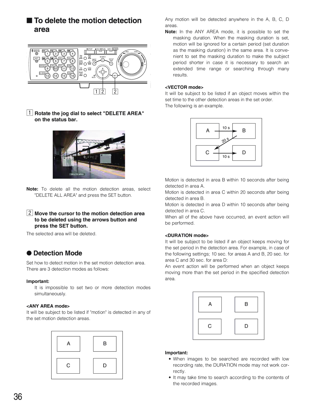 Panasonic WJ-HD309 manual To delete the motion detection area, Detection Mode, Selected area will be deleted, Duration mode 