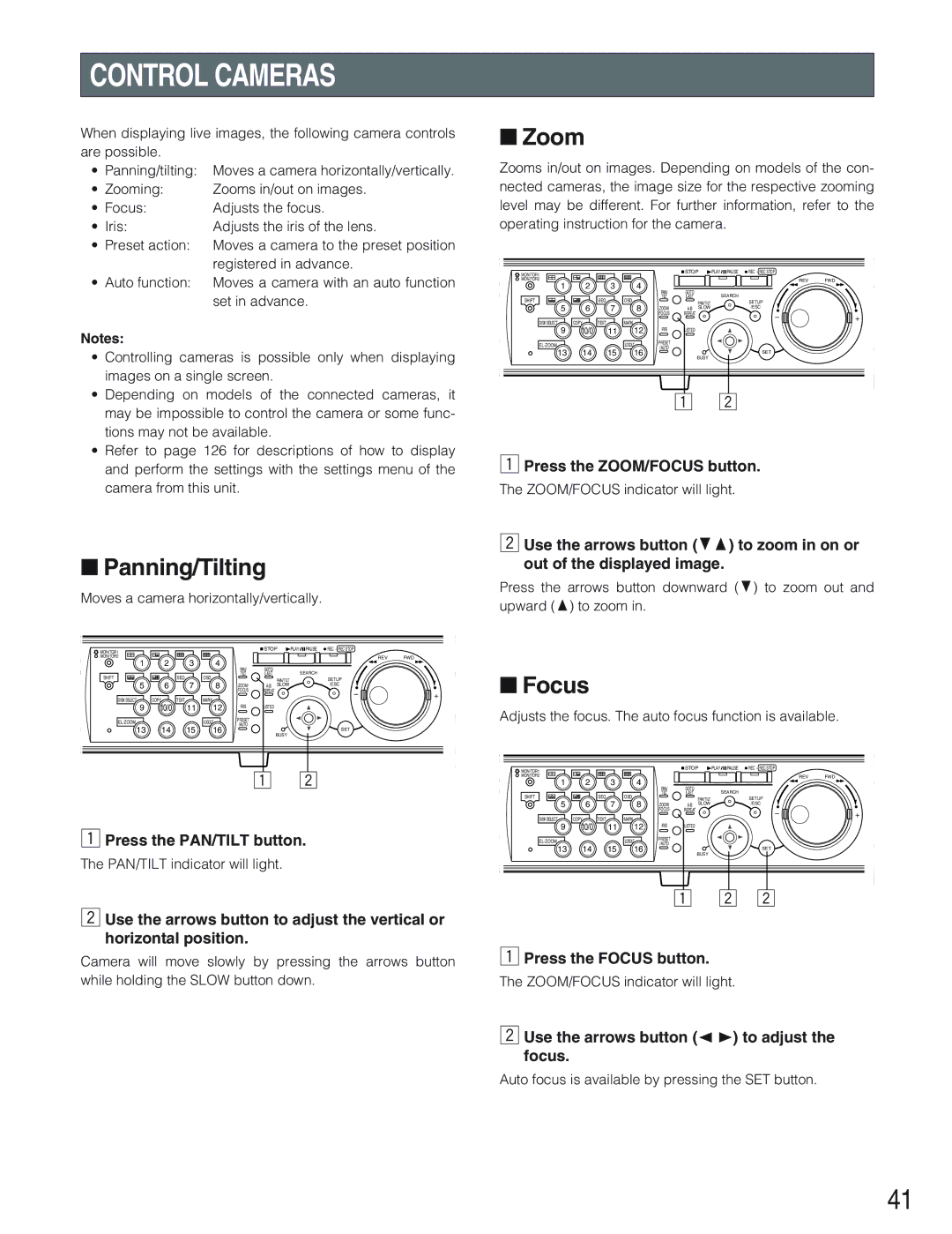 Panasonic WJ-HD309 manual Control Cameras, Panning/Tilting, Zoom, Focus 