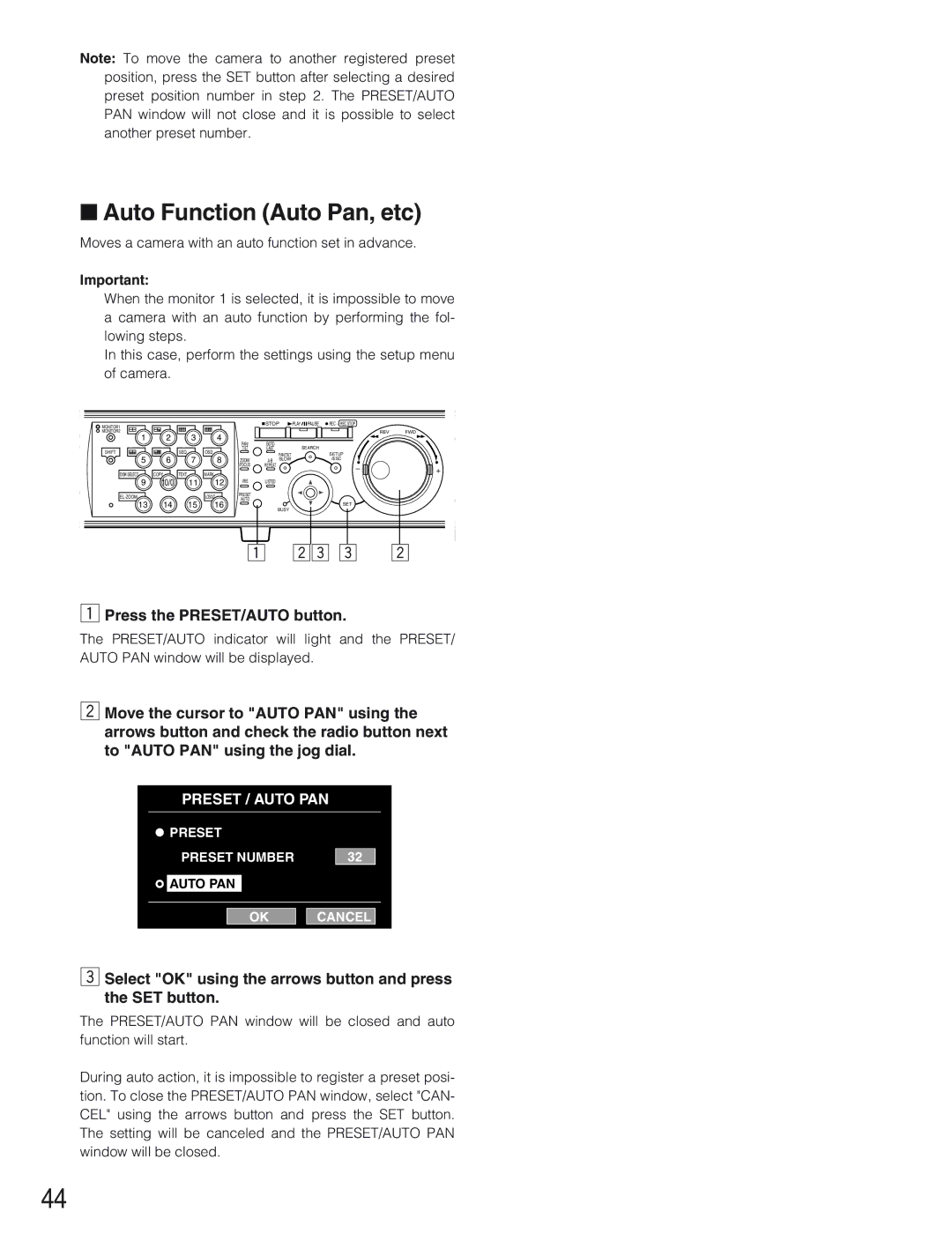 Panasonic WJ-HD309 manual Auto Function Auto Pan, etc, 13 14 15 