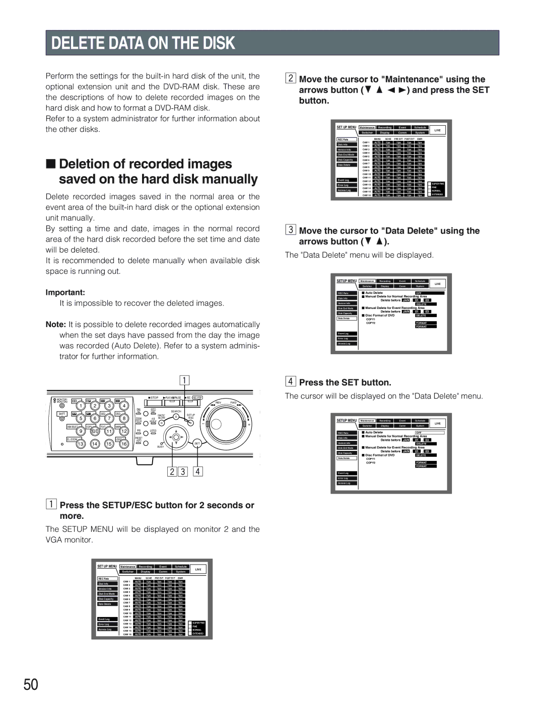 Panasonic WJ-HD309 manual Delete Data on the Disk, Move the cursor to Data Delete using the arrows button CD 