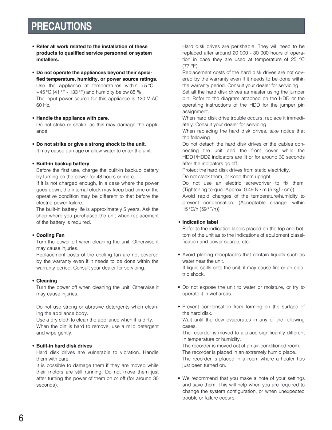 Panasonic WJ-HD309 manual Precautions 