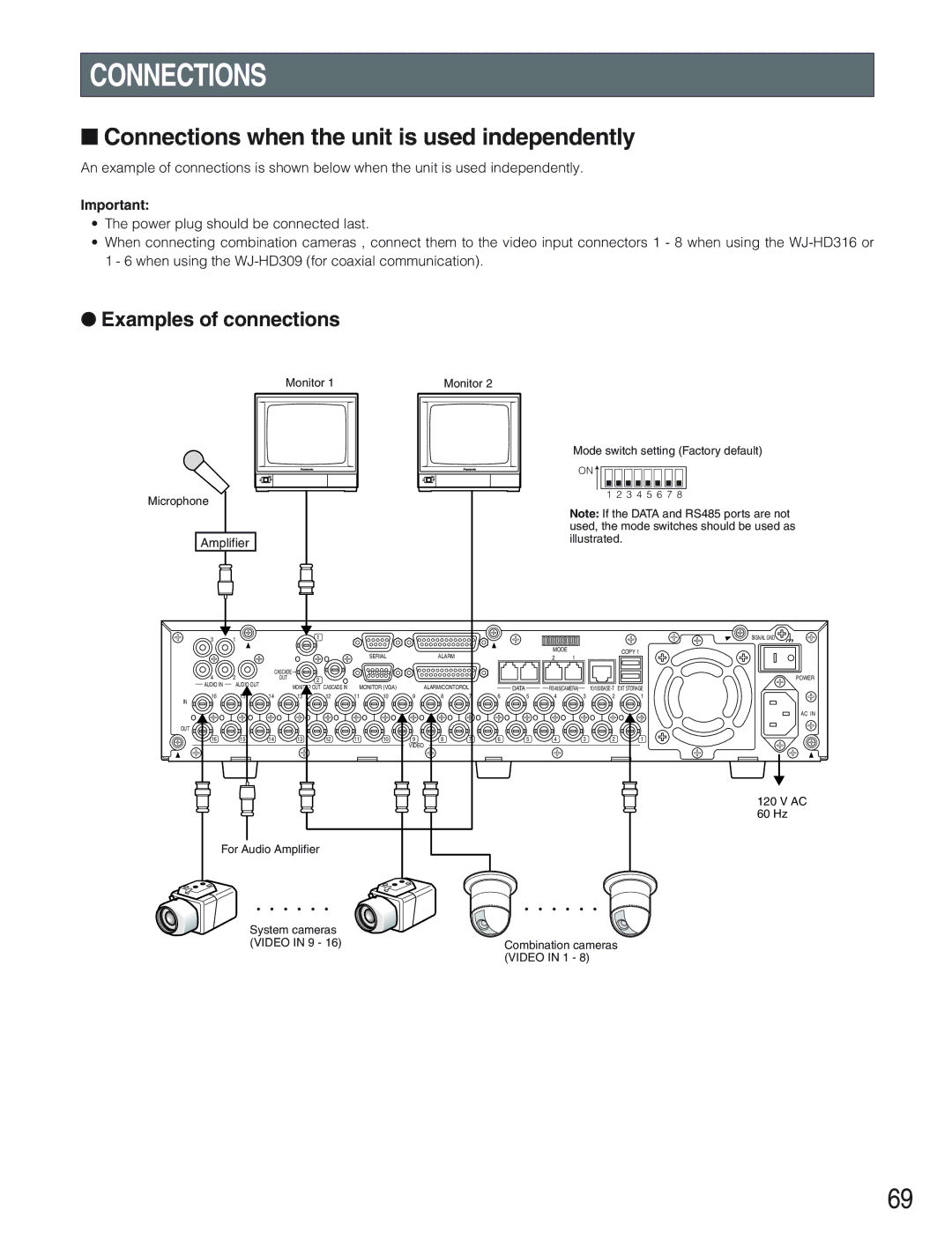 Panasonic WJ-HD309 manual Connections when the unit is used independently, Examples of connections 