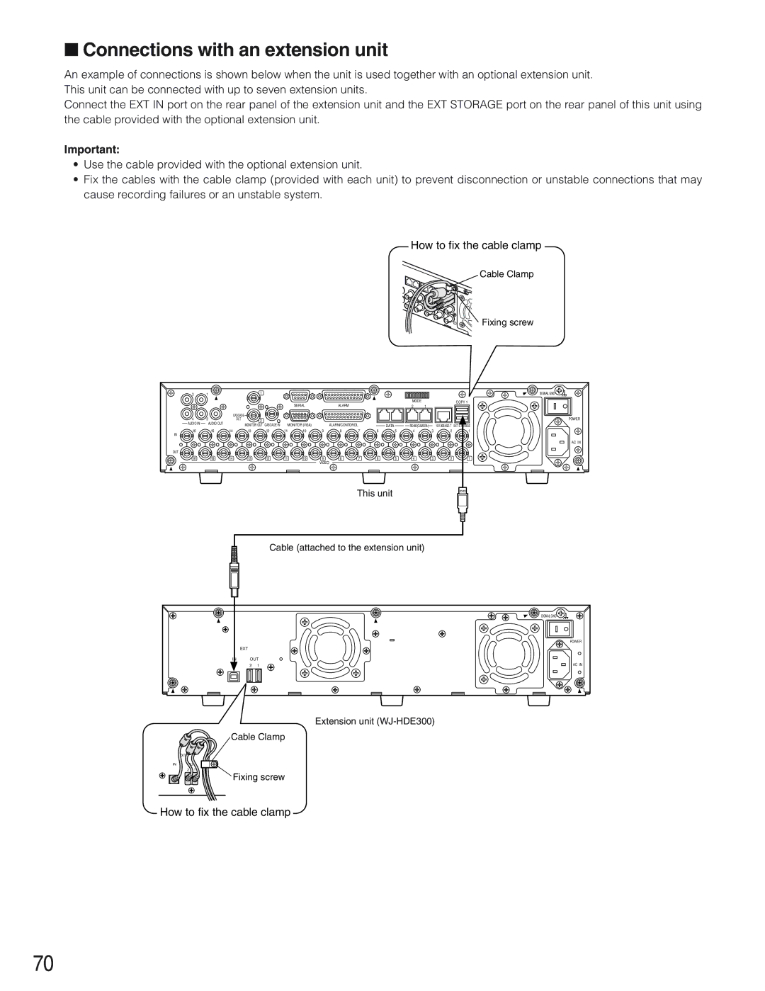 Panasonic WJ-HD309 manual Connections with an extension unit, Cable Clamp Fixing screw 