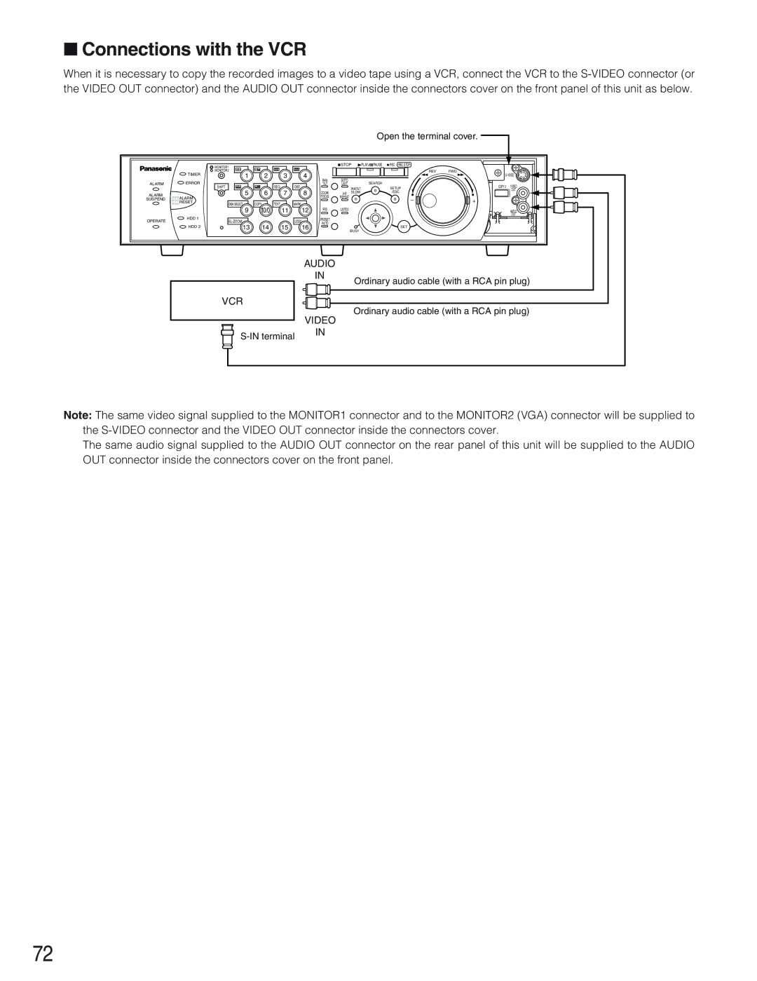 Panasonic WJ-HD309 manual Connections with the VCR, Open the terminal cover 