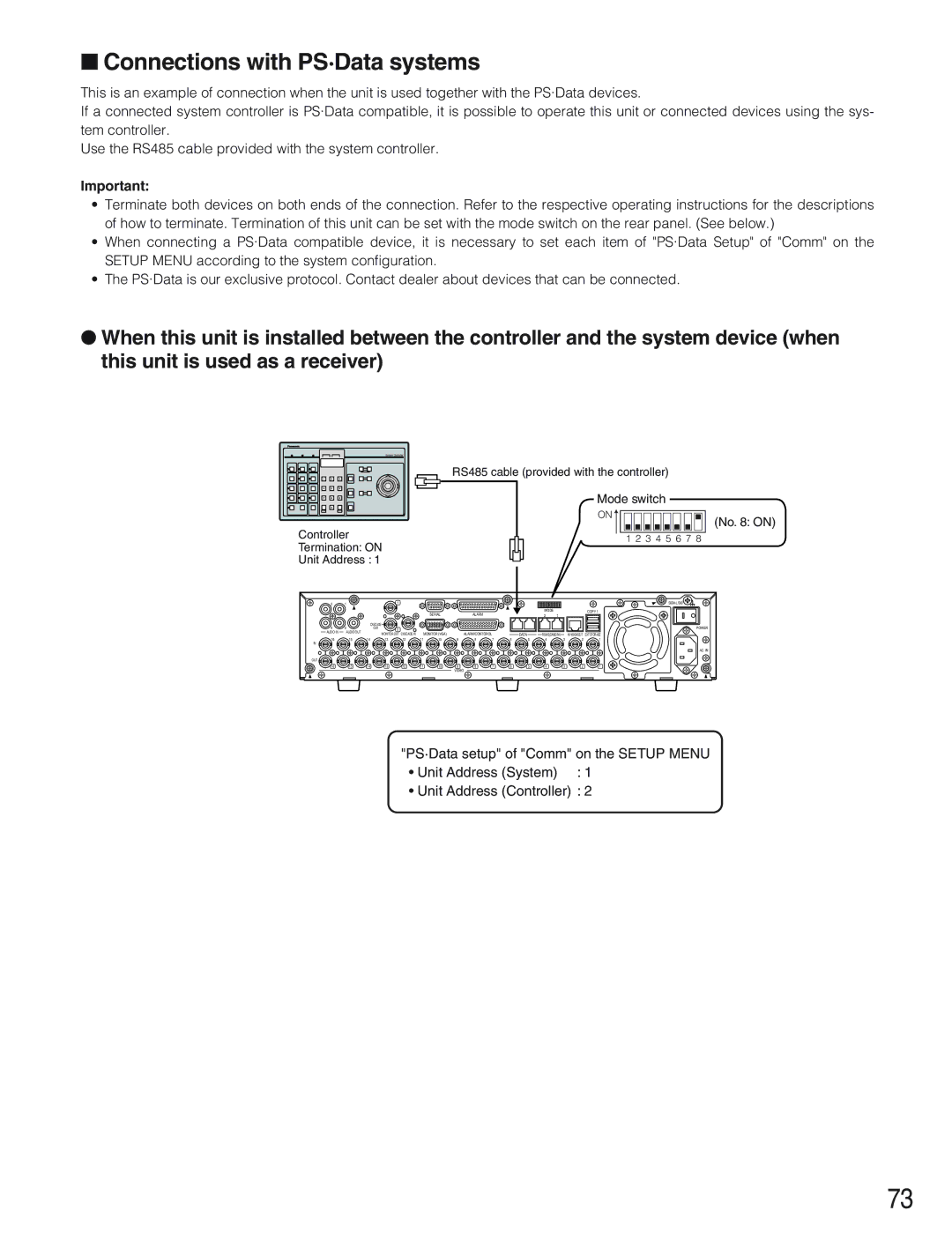 Panasonic WJ-HD309 manual Connections with PS·Data systems, Mode switch No on 