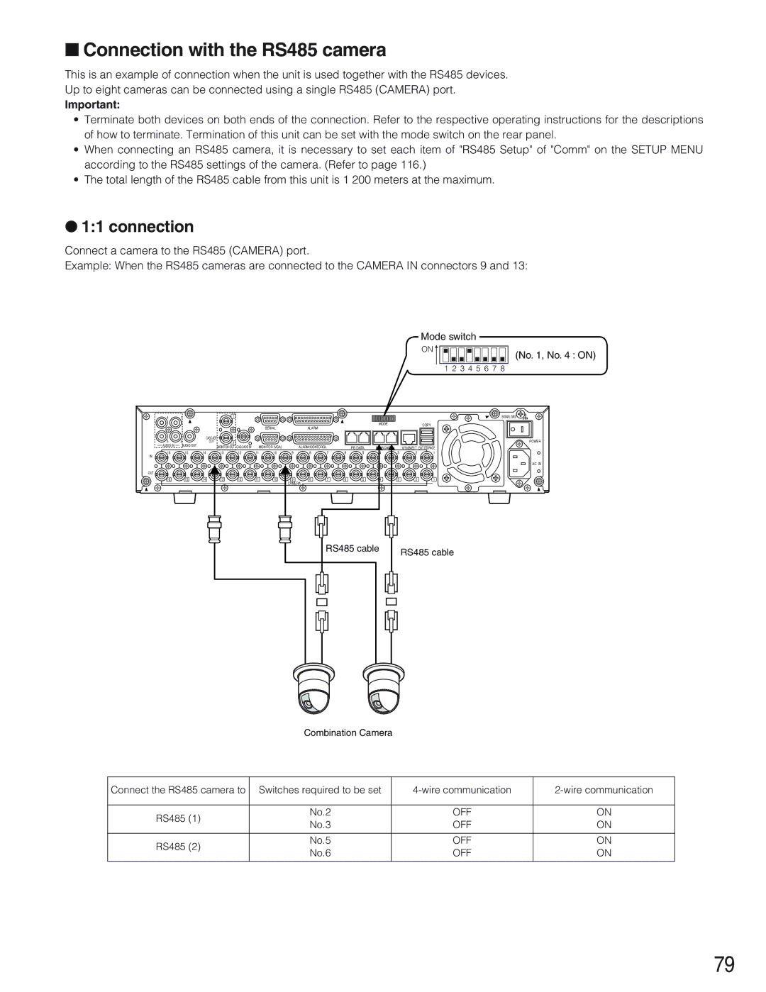 Panasonic WJ-HD309 manual Connection with the RS485 camera 