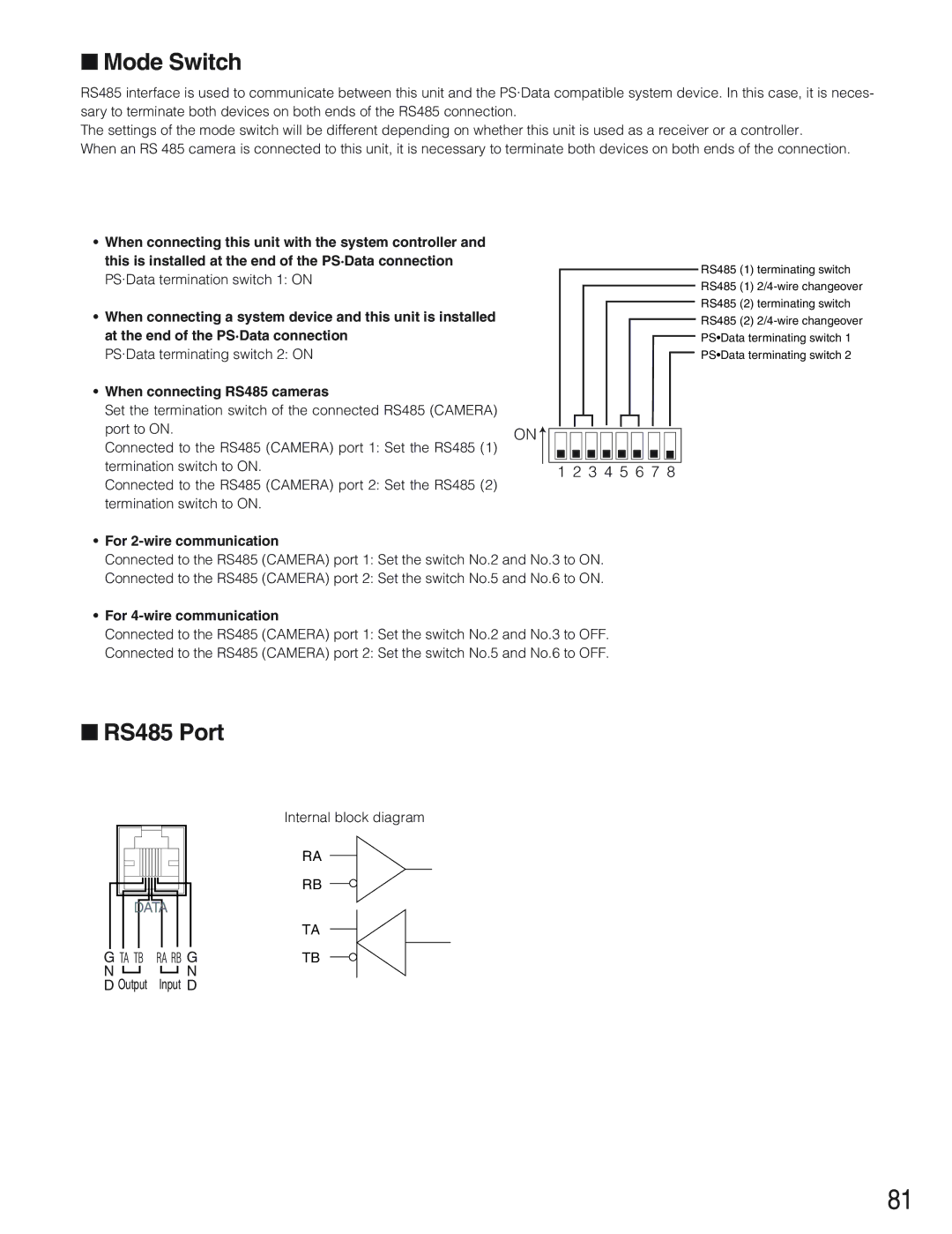 Panasonic WJ-HD309 manual Mode Switch, RS485 Port, When connecting RS485 cameras, For 2-wire communication 