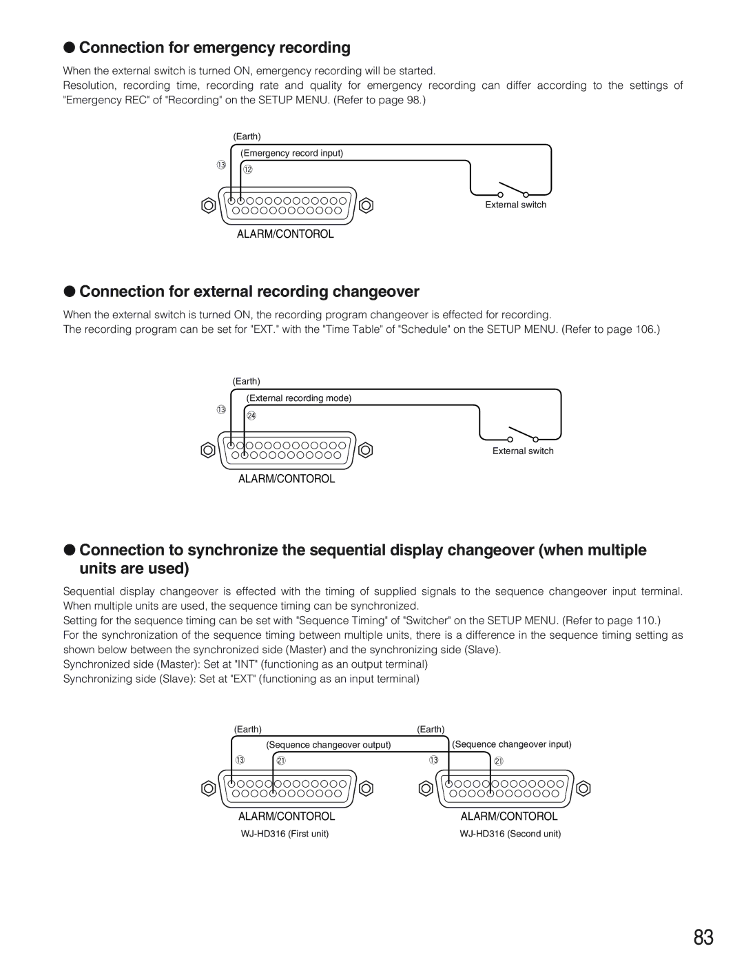 Panasonic WJ-HD309 manual Connection for emergency recording, Connection for external recording changeover, Alarm/Contorol 