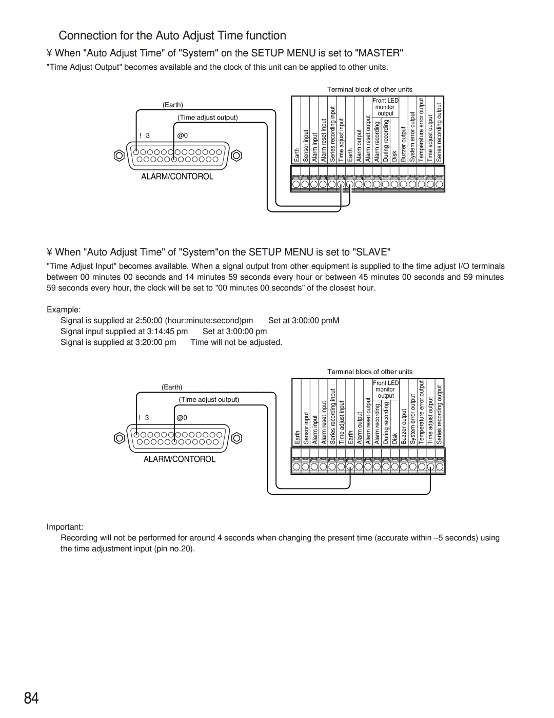 Panasonic WJ-HD309 manual Connection for the Auto Adjust Time function, Example 