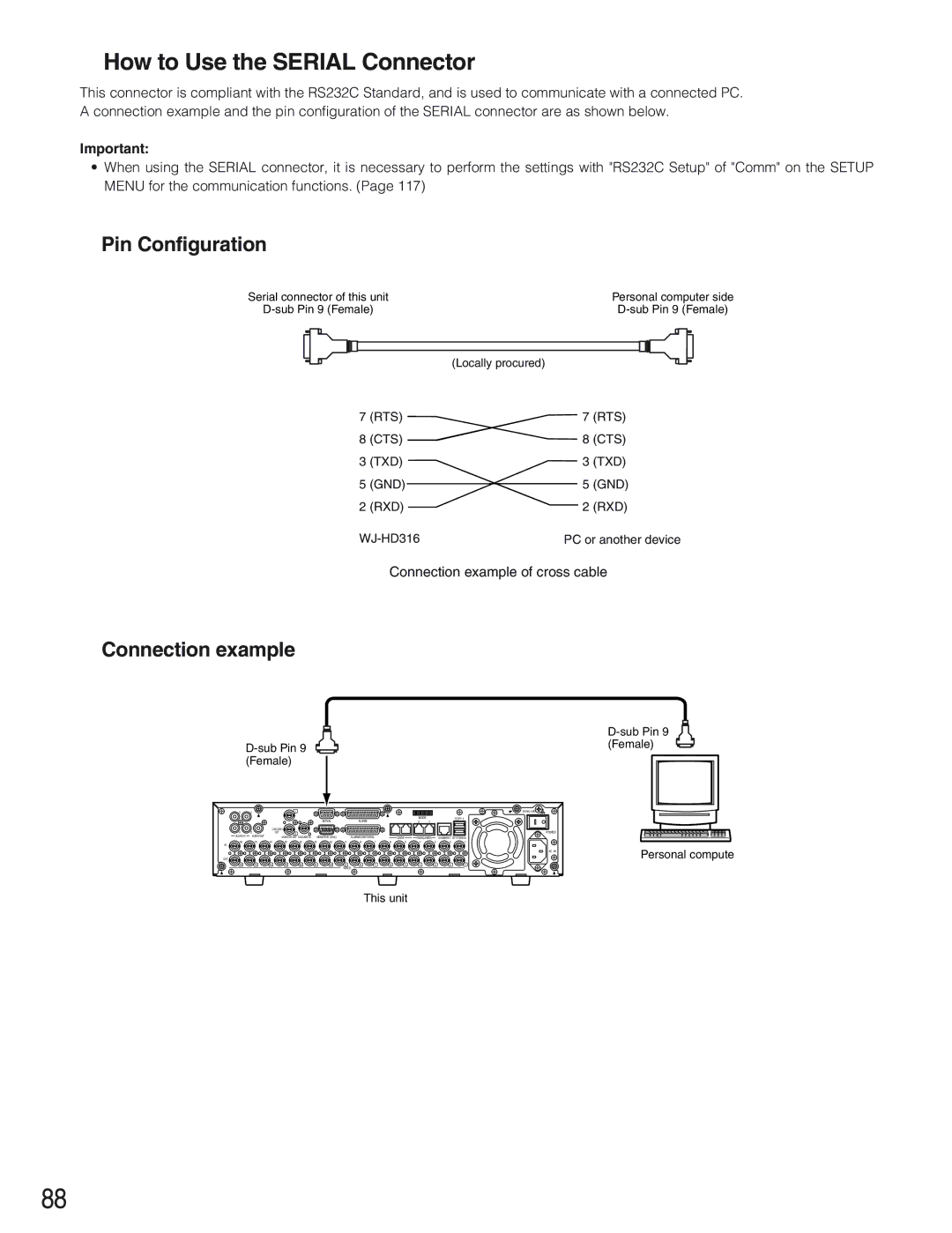 Panasonic WJ-HD309 manual How to Use the Serial Connector, Pin Configuration, Connection example 