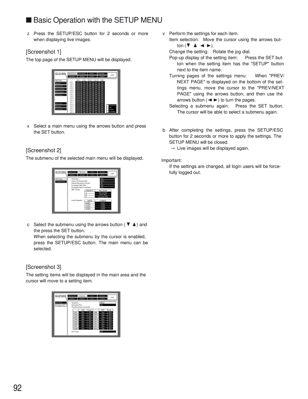 Panasonic WJ-HD309 manual Basic Operation with the Setup Menu, Screenshot 