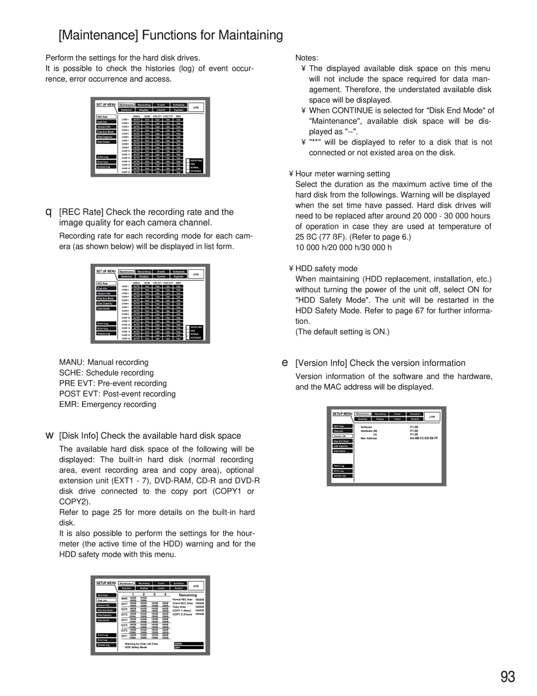 Panasonic WJ-HD309 Maintenance Functions for Maintaining, Disk Info Check the available hard disk space, HDD safety mode 