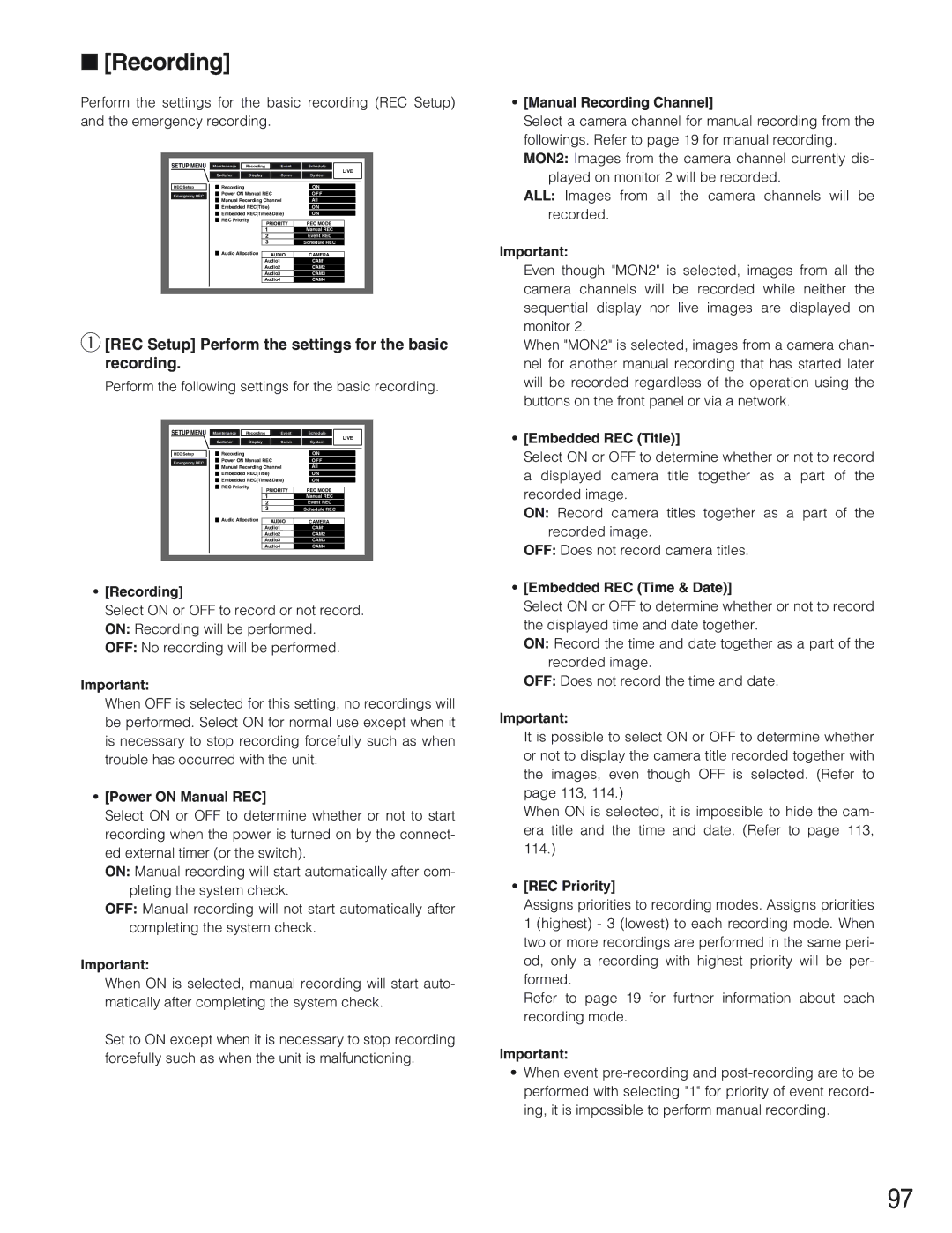 Panasonic WJ-HD309 manual Recording, REC Setup Perform the settings for the basic recording 