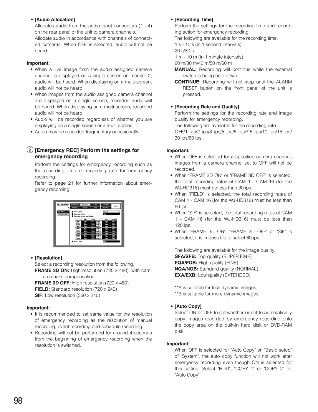 Panasonic WJ-HD309 manual Emergency REC Perform the settings for emergency recording 