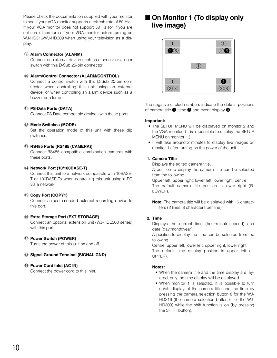 Panasonic WJ-HD309 manual On Monitor 1 To display only live image 