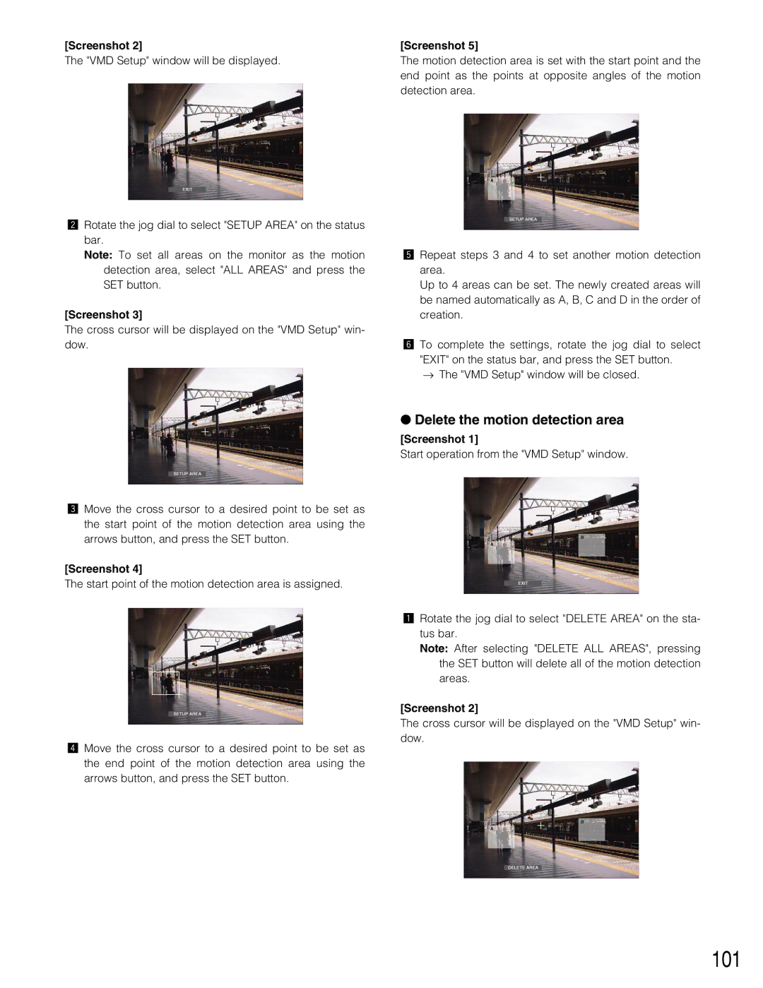 Panasonic WJ-HD309 manual 101, Delete the motion detection area, Cross cursor will be displayed on the VMD Setup win- dow 