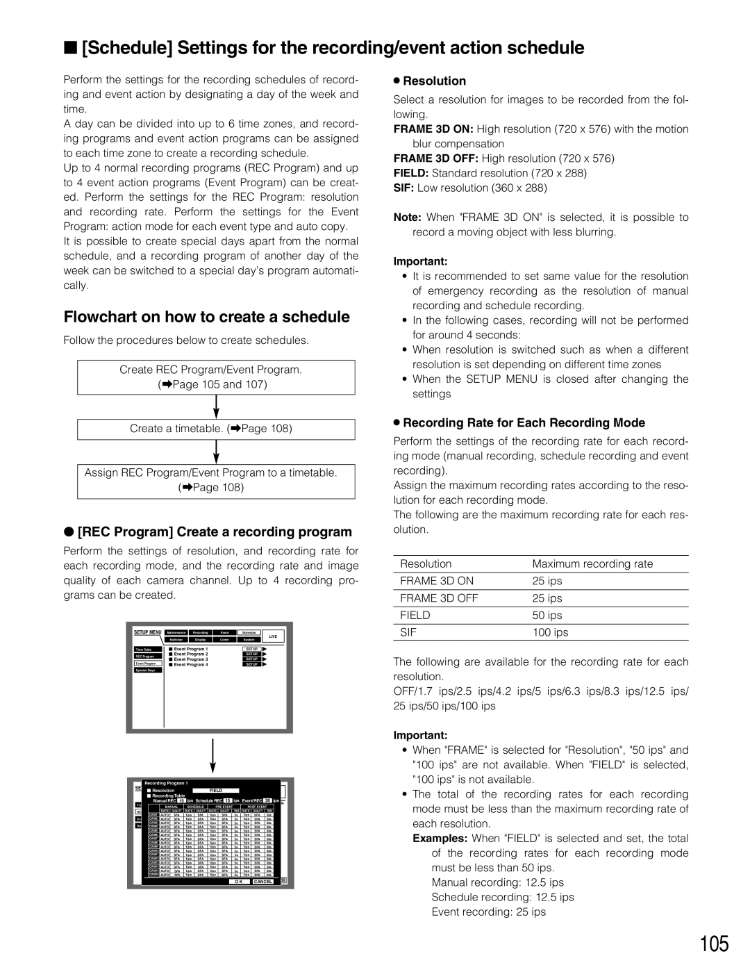 Panasonic WJ-HD309 105, Schedule Settings for the recording/event action schedule, Flowchart on how to create a schedule 