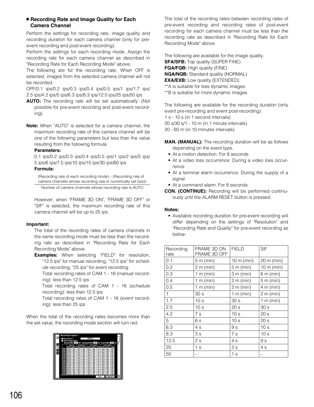 Panasonic WJ-HD309 manual 106, Recording Rate and Image Quality for Each Camera Channel, Parameters, Formula 