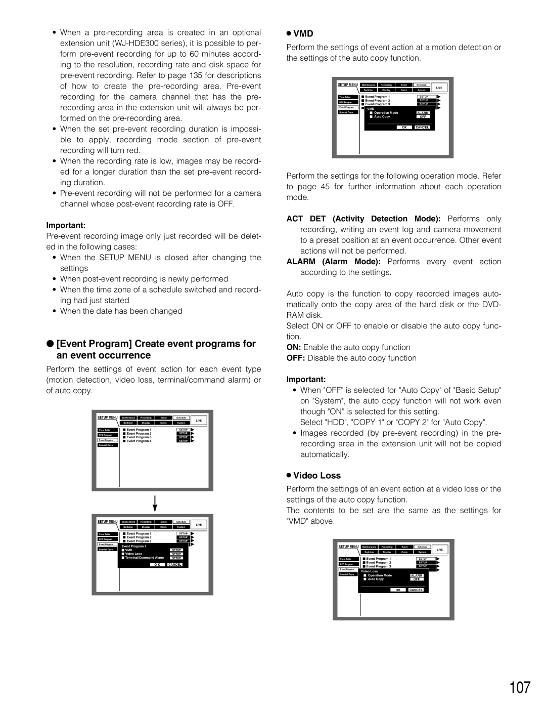 Panasonic WJ-HD309 manual 107, Event Program Create event programs for an event occurrence, Video Loss 