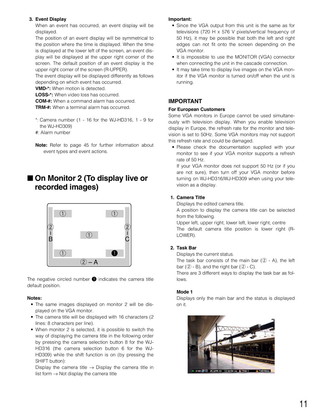 Panasonic WJ-HD309 manual On Monitor 2 To display live or recorded images, Event Display, Task Bar, Mode 