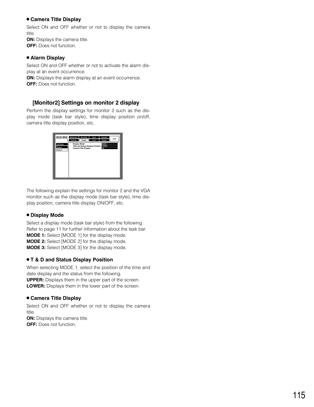 Panasonic WJ-HD309 manual 115, Monitor2 Settings on monitor 2 display 