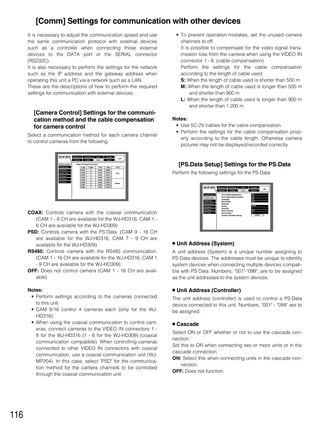 Panasonic WJ-HD309 116, Comm Settings for communication with other devices, Unit Address System, Unit Address Controller 