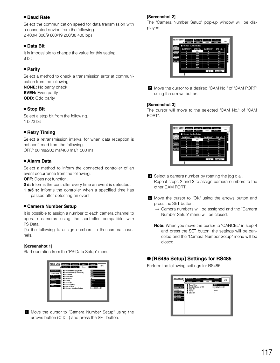 Panasonic WJ-HD309 manual 117, RS485 Setup Settings for RS485 