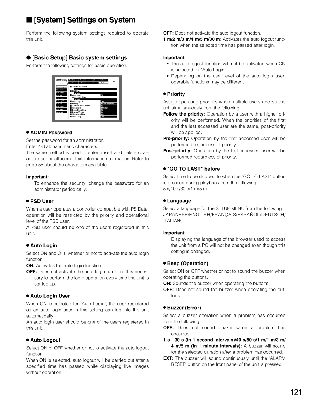 Panasonic WJ-HD309 manual 121, System Settings on System, Basic Setup Basic system settings 