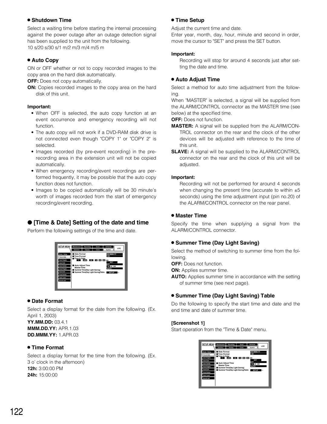 Panasonic WJ-HD309 manual 122, Time & Date Setting of the date and time 