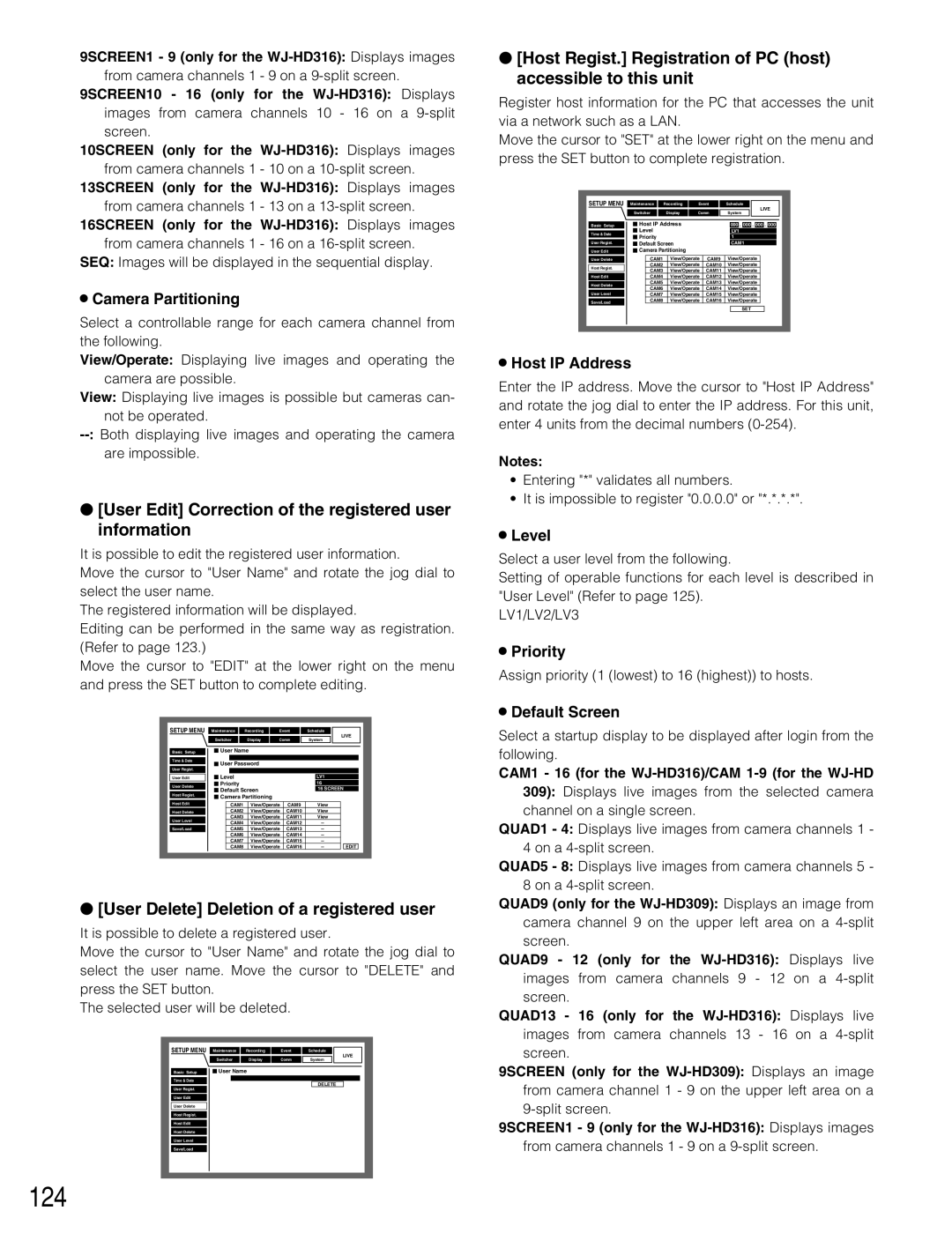 Panasonic WJ-HD309 124, User Edit Correction of the registered user information, User Delete Deletion of a registered user 