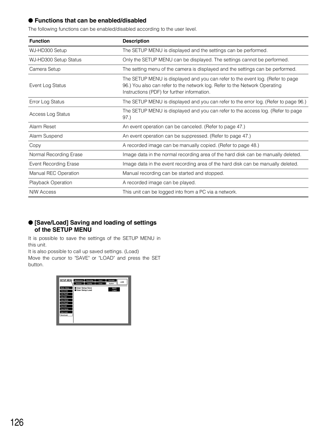 Panasonic WJ-HD309 126, Functions that can be enabled/disabled, Save/Load Saving and loading of settings of the Setup Menu 