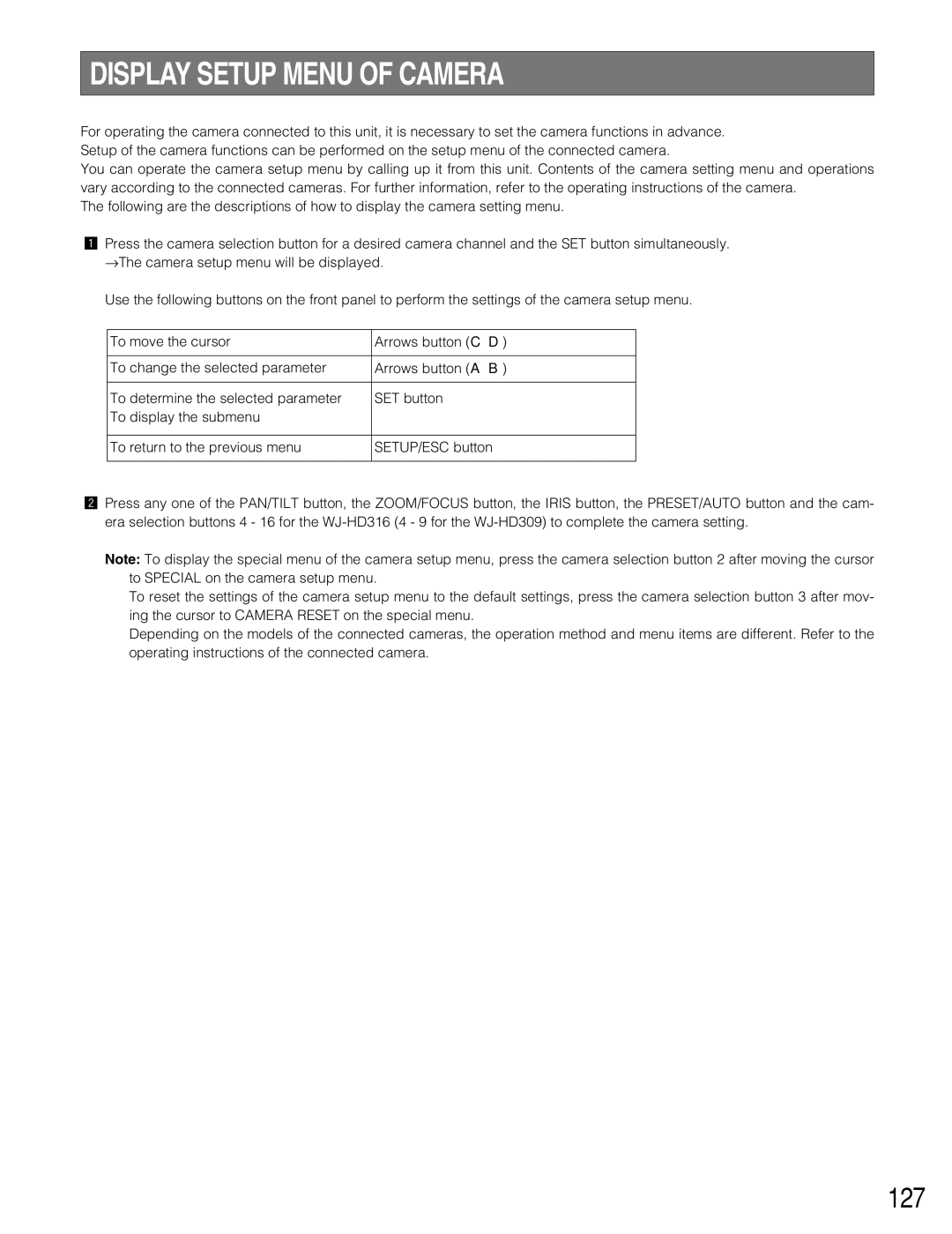 Panasonic WJ-HD309 manual Display Setup Menu of Camera, 127 