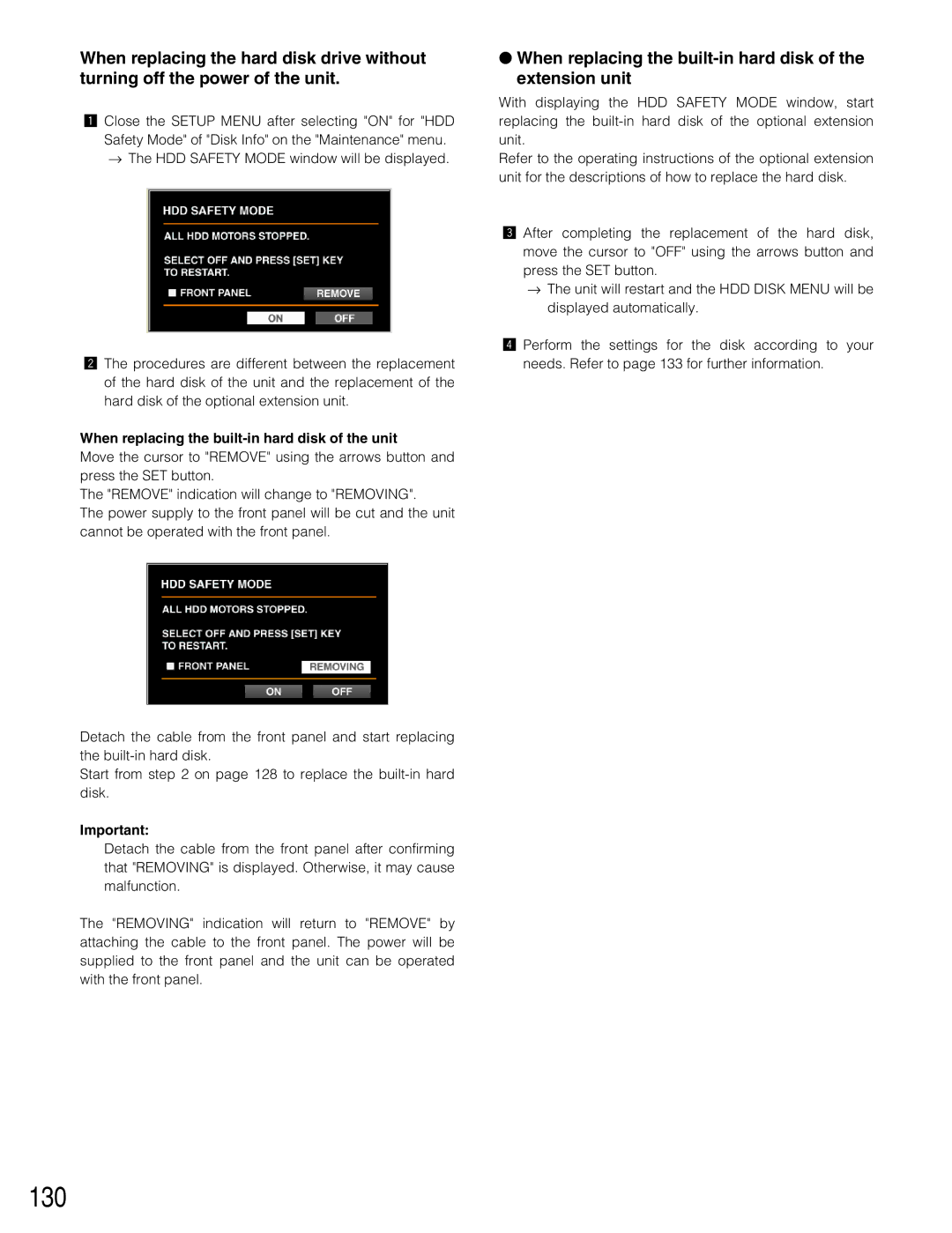 Panasonic WJ-HD309 manual 130, When replacing the built-in hard disk of the unit 