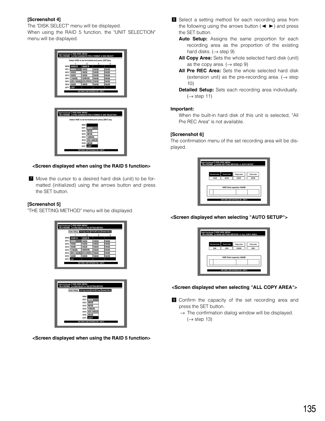 Panasonic WJ-HD309 manual 135, Setting Method menu will be displayed, Screen displayed when selecting Auto Setup 