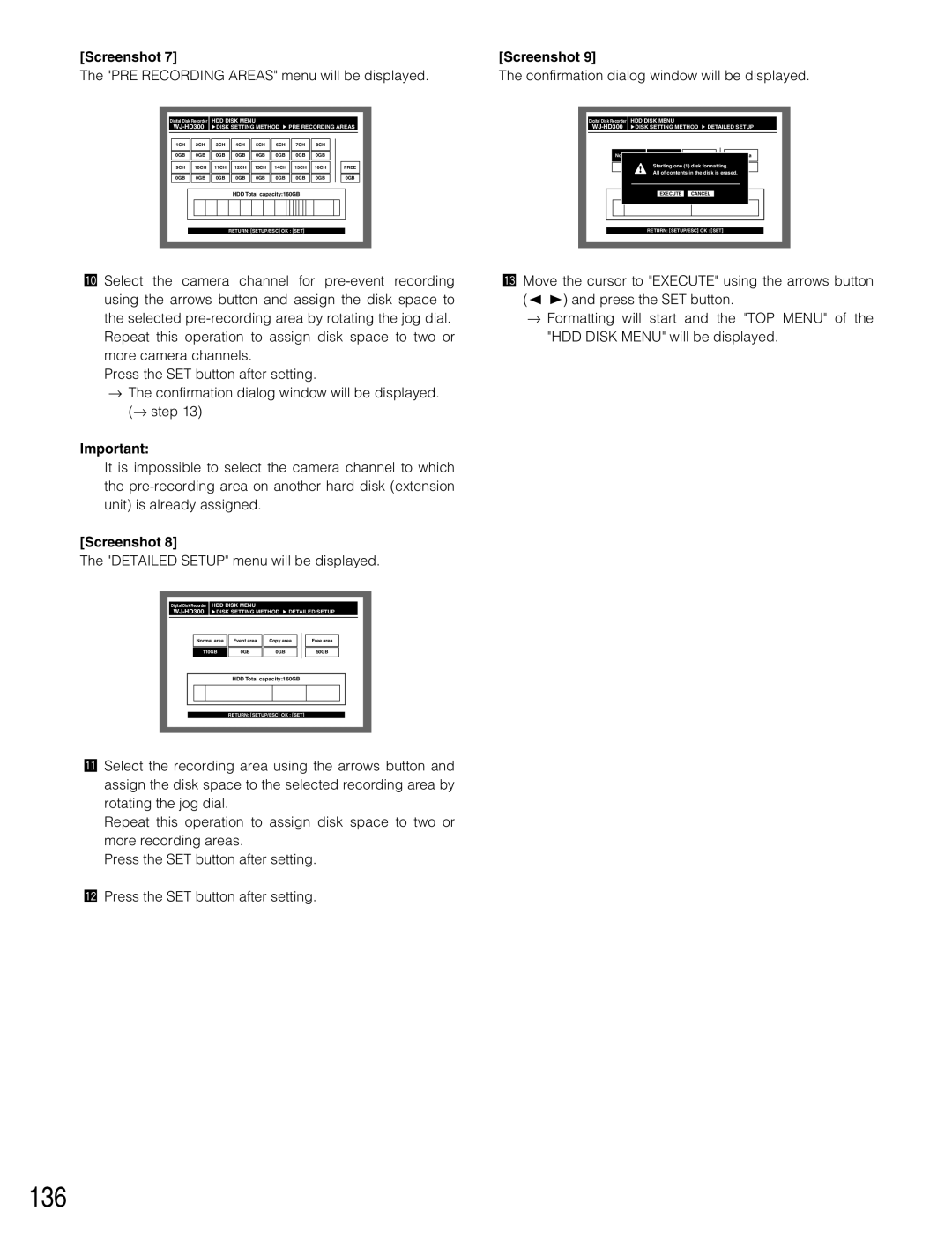 Panasonic WJ-HD309 manual 136, PRE Recording Areas menu will be displayed, Detailed Setup menu will be displayed 