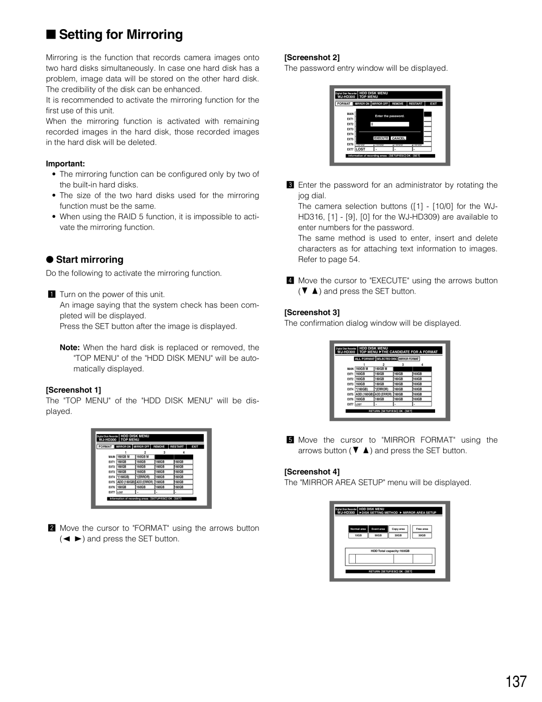 Panasonic WJ-HD309 manual 137, Setting for Mirroring, Start mirroring, Mirror Area Setup menu will be displayed 