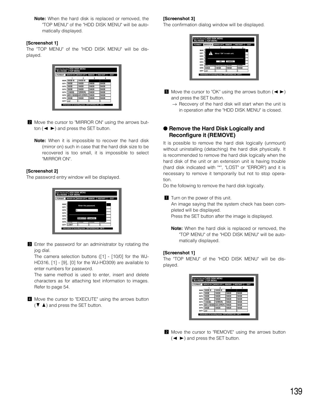 Panasonic WJ-HD309 manual 139, Remove the Hard Disk Logically and Reconfigure it Remove 