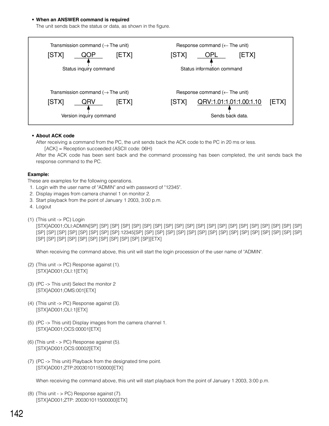 Panasonic WJ-HD309 142, When an Answer command is required, Transmission command → The unit Response command ← The unit 