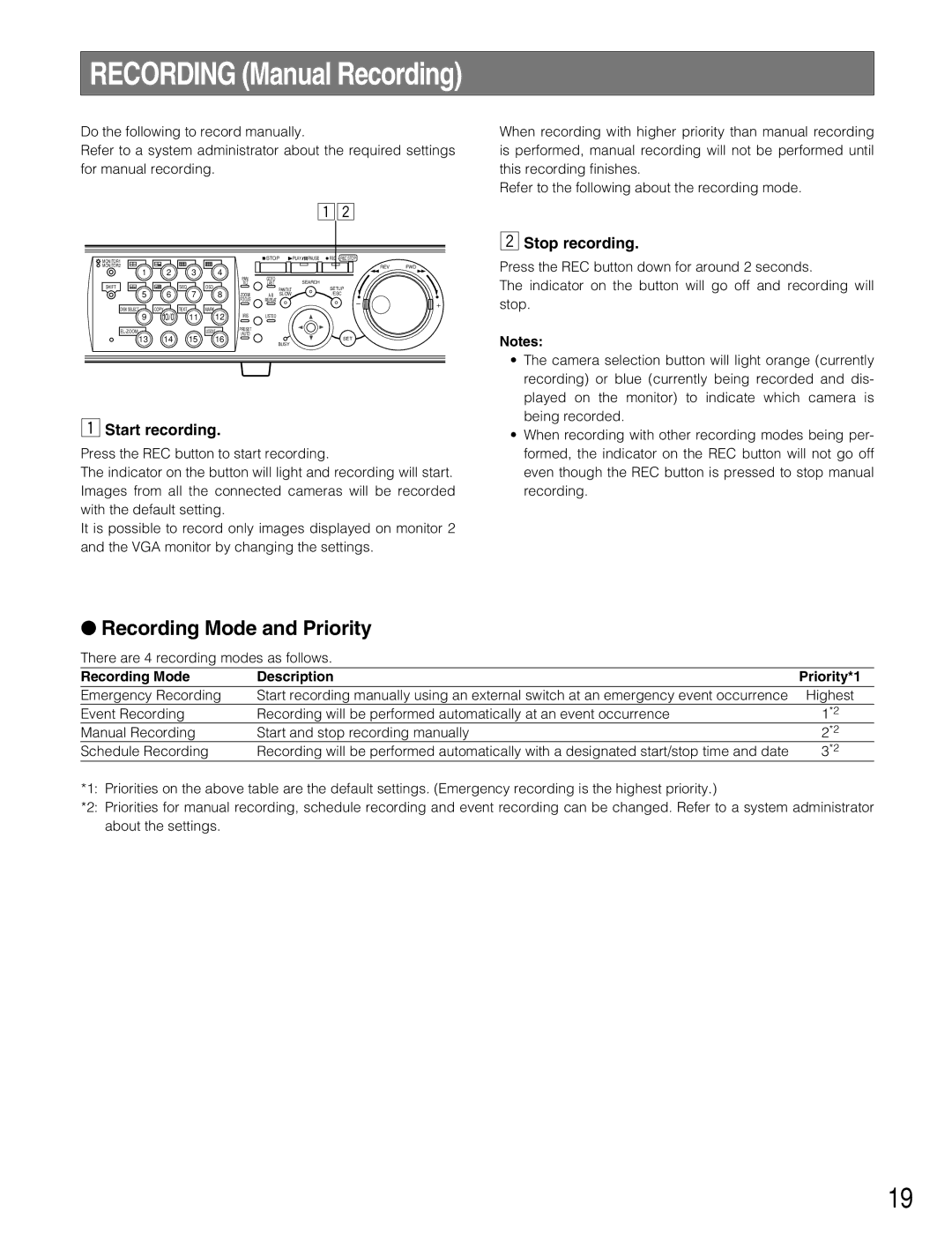 Panasonic WJ-HD309 Recording Mode and Priority, Start recording, Stop recording, There are 4 recording modes as follows 