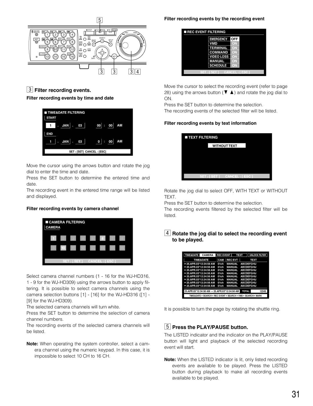 Panasonic WJ-HD309 manual Filter recording events by time and date, Filter recording events by camera channel 